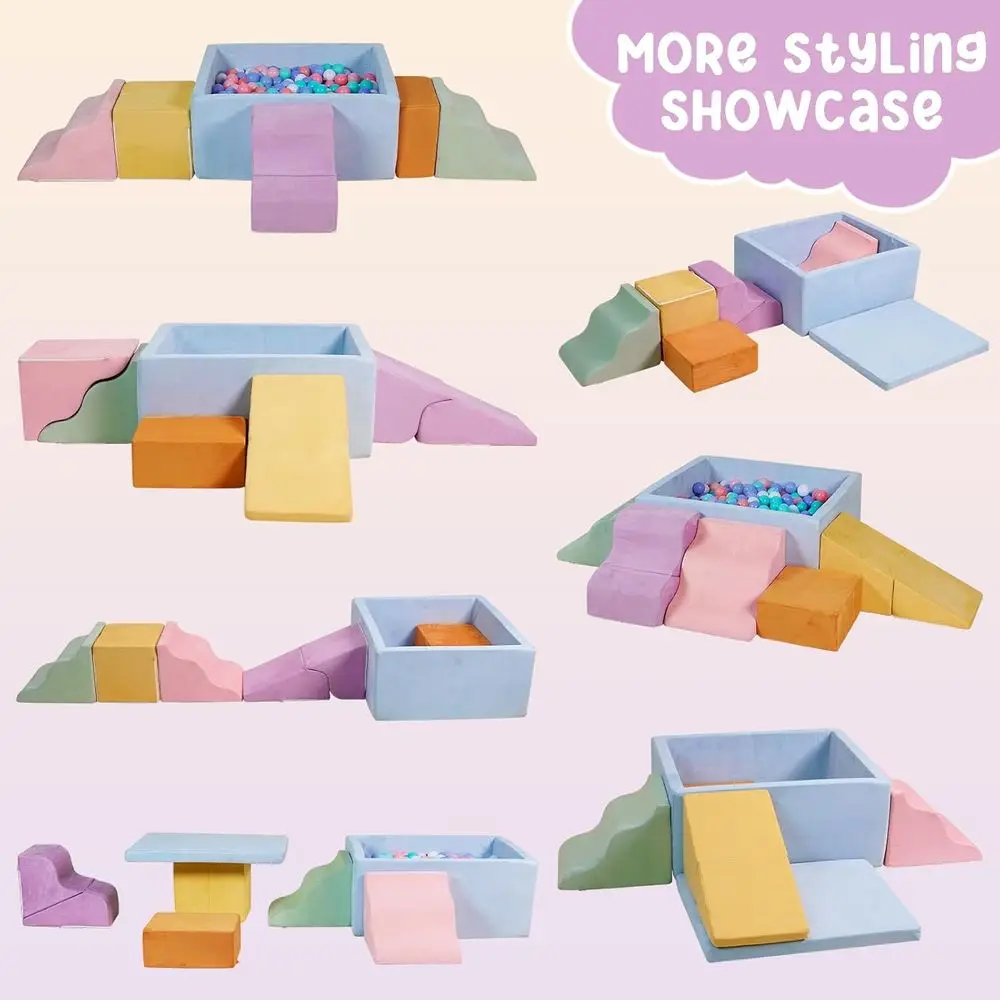 Toddler Foam Climbing Blocks Set with Ball Pit, Soft Indoor Play Structure, Macaron Color (Balls Not Included)
