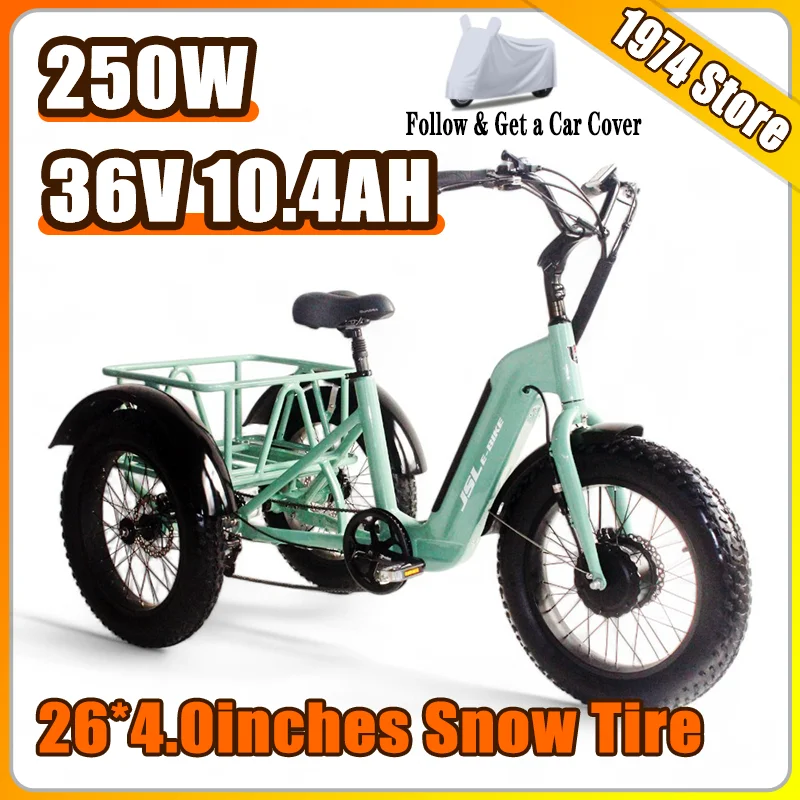

Adult 26*4.0 Snow Tire Off-road Electric Tricycle Commuting Cargo Front Rear Safety Disc Brakes 250W36V10.4AH Electric Scooter