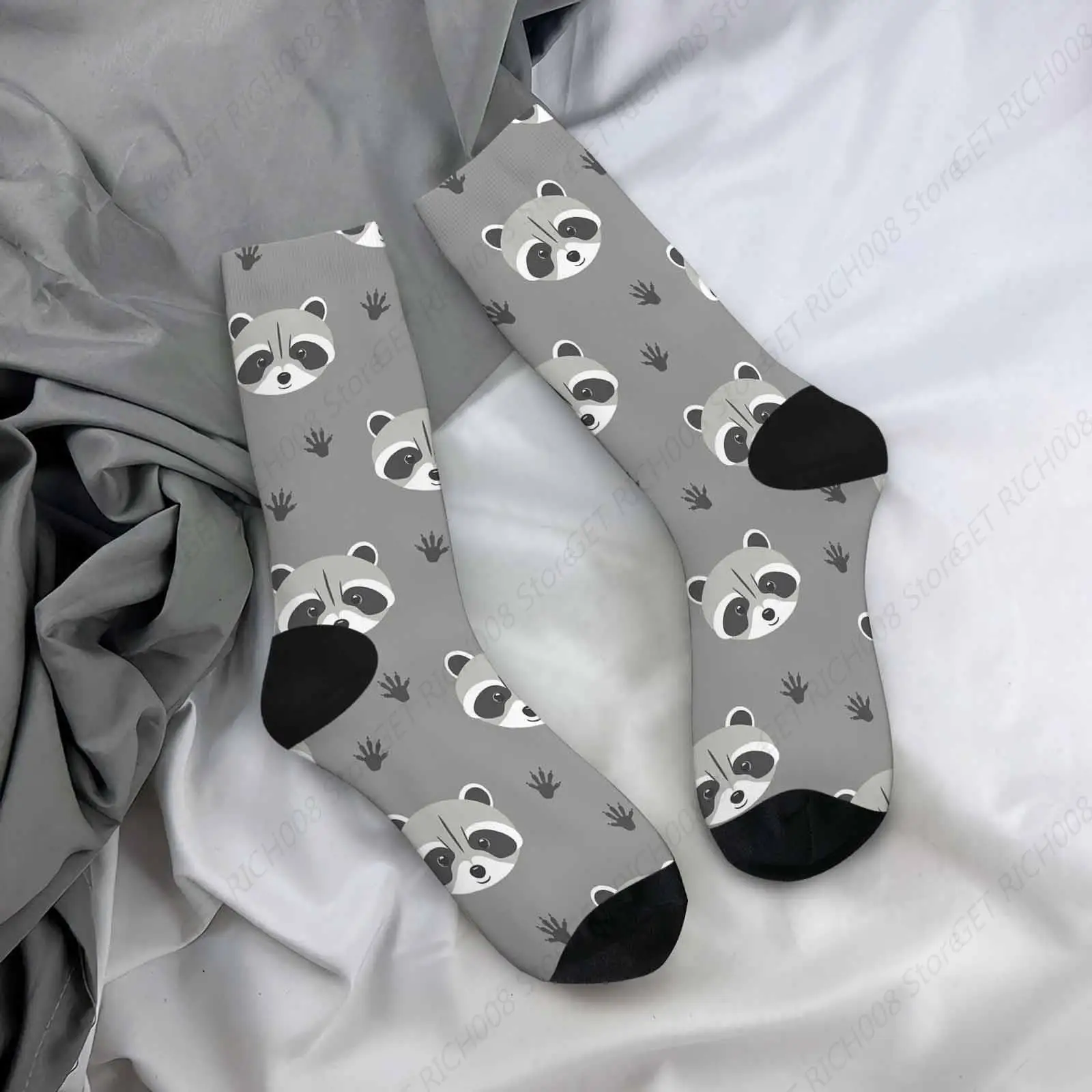 

Gray Raccoon Unisex Socks Paw Print Cute Woodland Animal Funny Socks Gifts For Women Mens Novelty Crew Socks