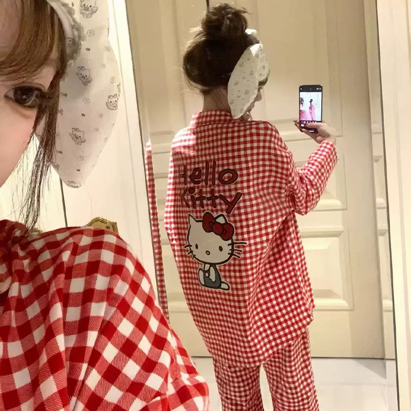 

KT Cat Sleepwear Women's Long Sleeved Pants Cloud Cotton Spring Autumn Cartoon Cardigan Sweet Home Suit Set