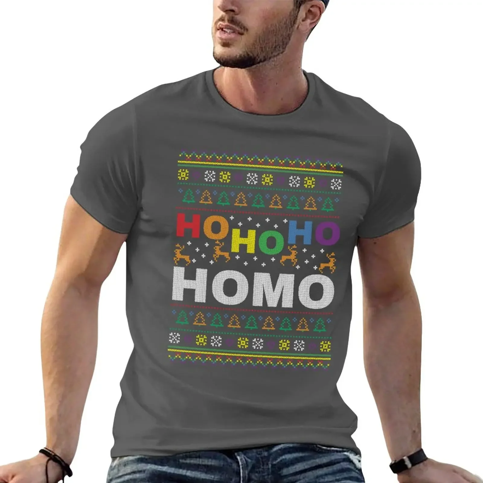 HO HO Ho HOMO Funny Gay Pride Coming Out Ugly Christmas Sweater Gift TShirt vintage t shirt fitted t shirts for men Short Sleeve