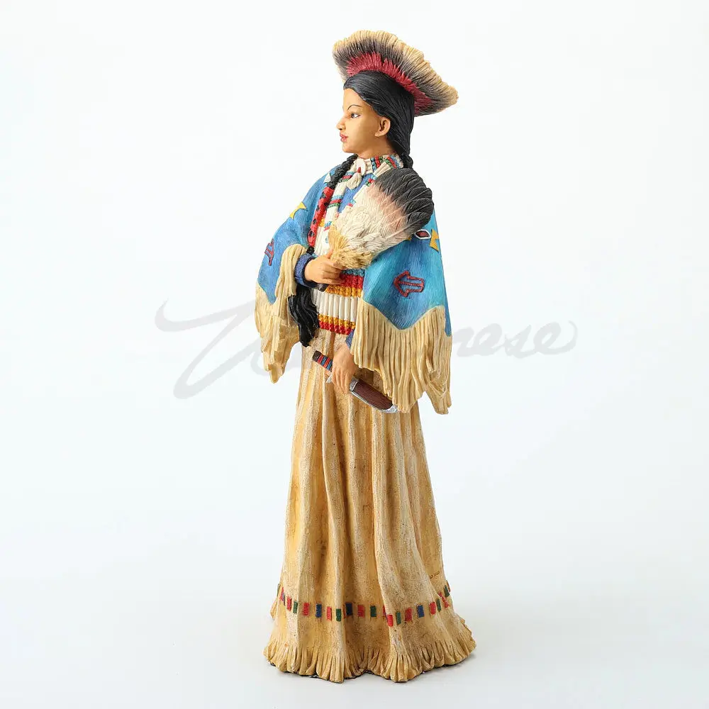 Tribal Spirit Native American Indian Woman Figurine Handcrafted Resin Statue with Feather Headdress & Traditional Clothing Gift