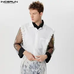 INCERUN Men Shirt Lapel Sleeveless Lace Up Split Fashion Irregular Shirts Streetwear 2024 Flower Patchwork Casual Men Clothing