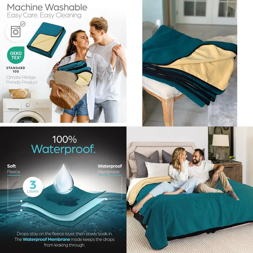 

Large Cozy Waterproof Blanket - Soft, Leakproof, Stain Resistant, Easy Clean, Reversible Blue/Beige, 80x90