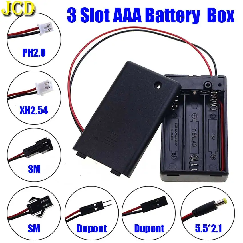 JCD 3 Slot AAA Battery Storage Box With Terminal Lead Wire Battery Holder With PH2.0 XH2.54 SM DuPont Cable DC 5.5x2.1
