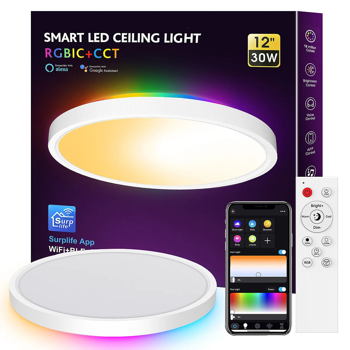 30W LED Fantasy Ceiling Lamp with Remote Control or App Control, RGBIC Colour Changing, Adjustable for Bedroom, Kitchen, Living