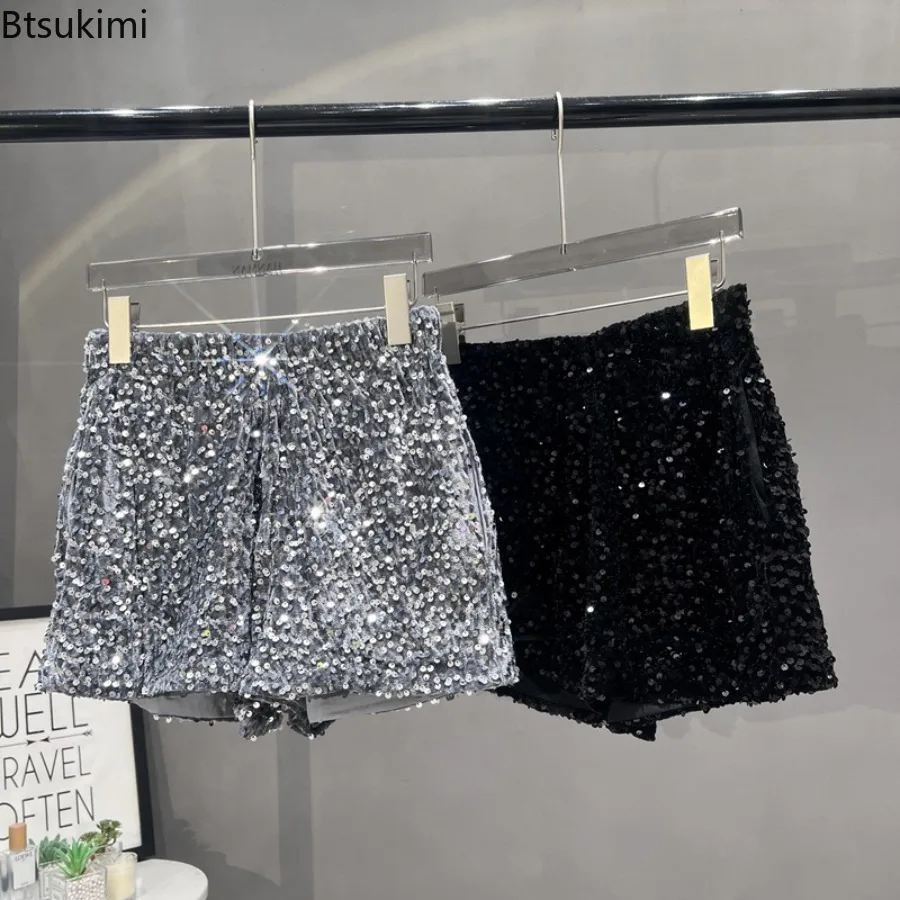 Women Mid Waist Sequin Fuzzy Shorts Shiny Slim Fit Hot Pants Clubwear Casual Streetwear Summer Fashion Night Party Daily Wear