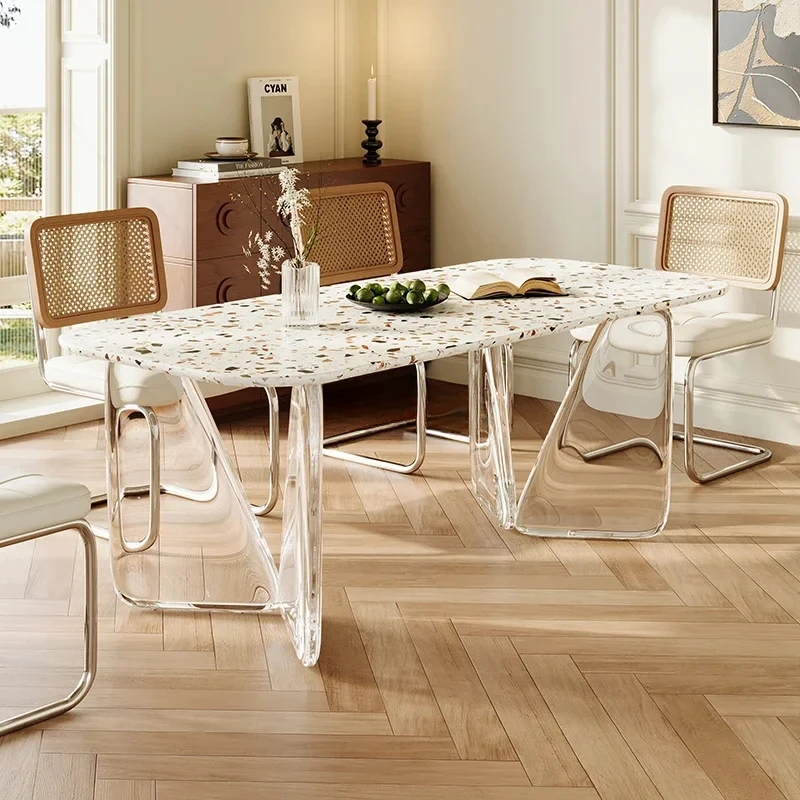 

Transparent slate dining table, minimalist cream feng shui grinding stone, hanging acrylic table