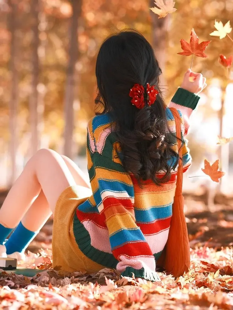 

Корейский милый круглый свитер в радужную полоску для женщин, осенне-зимний, свободный, мягкий, длинный, вязаный