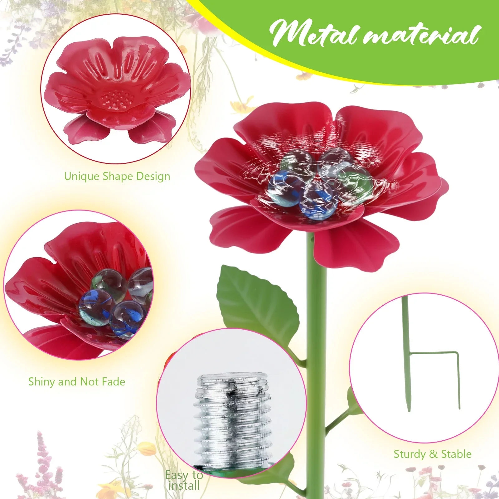 4Pcs Bee Watering Cup Garden Metal Flower Bee Waterer Water Feeder Station with 20 Glass Marble Butterfly Insect Drinking Cup