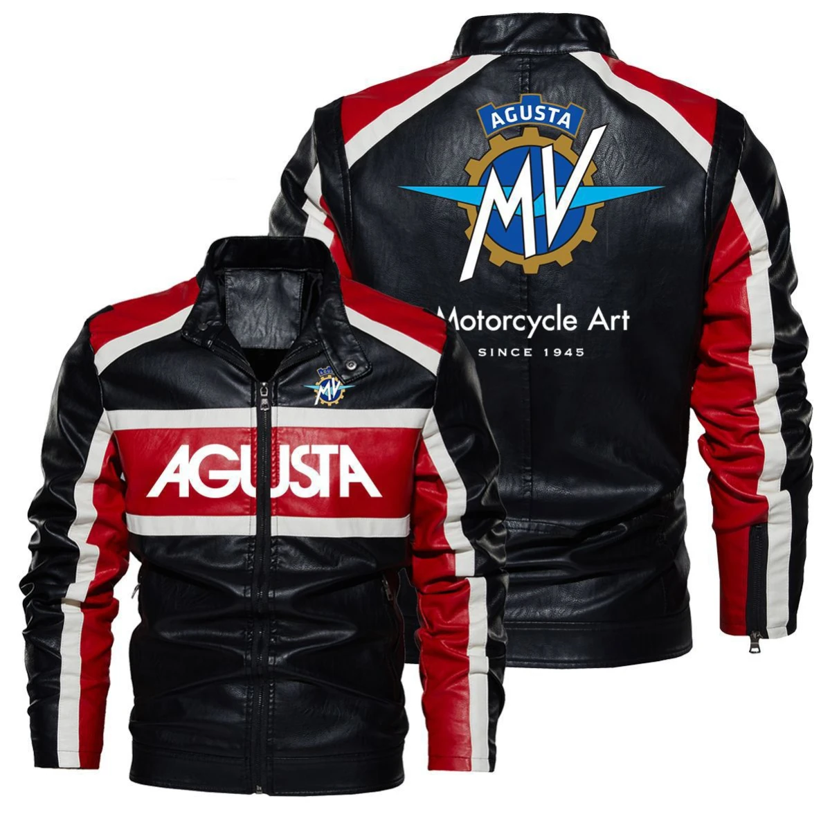 New motorcycle style leather jacket leather MV Augustine red standard racing collar leather jacket spring and autumn coat