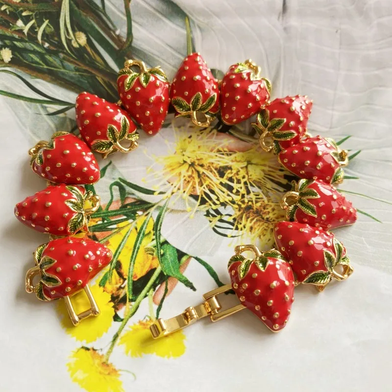 Vintage Enamel Glaze Red Strawberry buckle  bracelet  beautiful collection