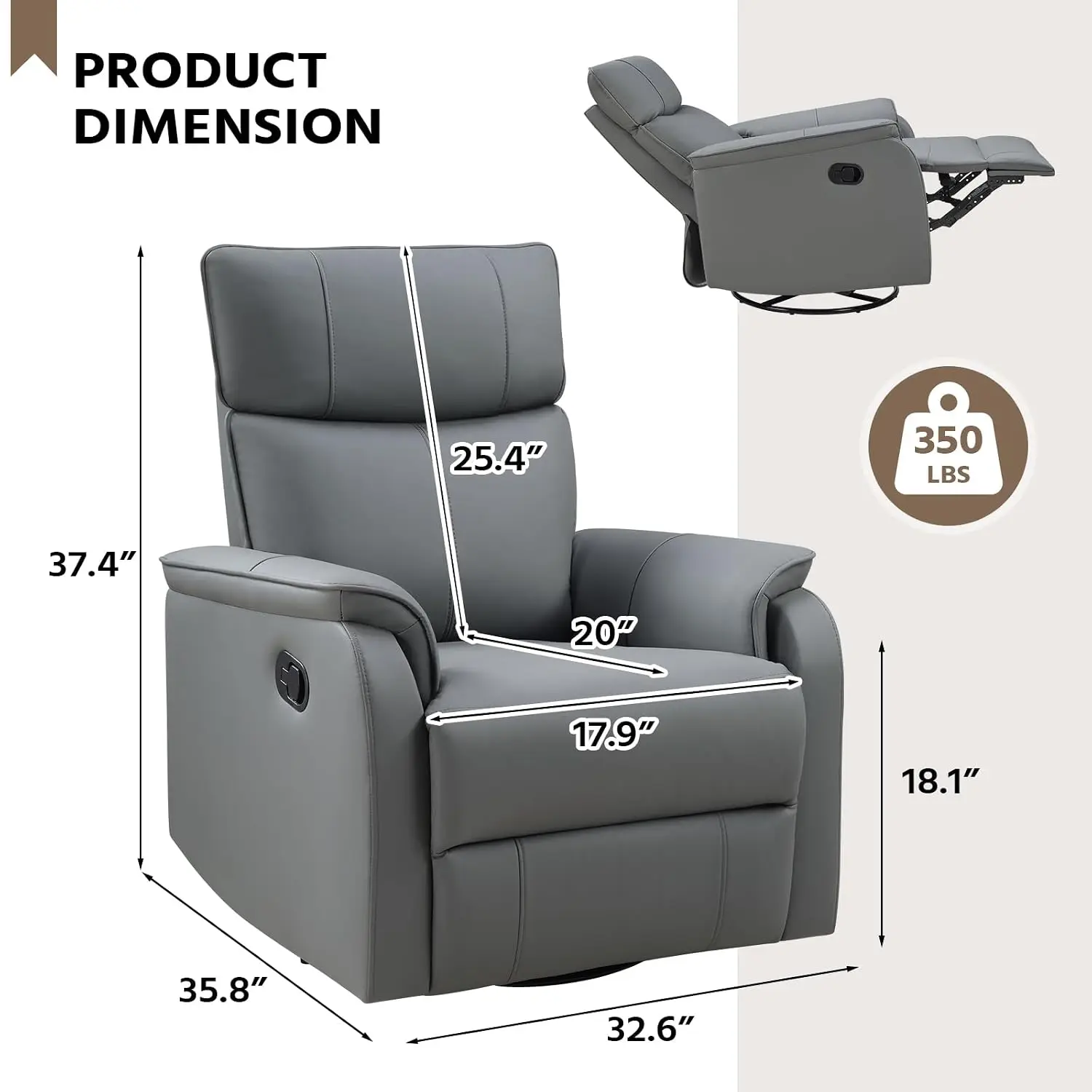 Manual Faux Leather Swivel Rocker Recliner Chair, 360° Glider Padded Backrest Nursery Living Room Sofa, Grey, Customized