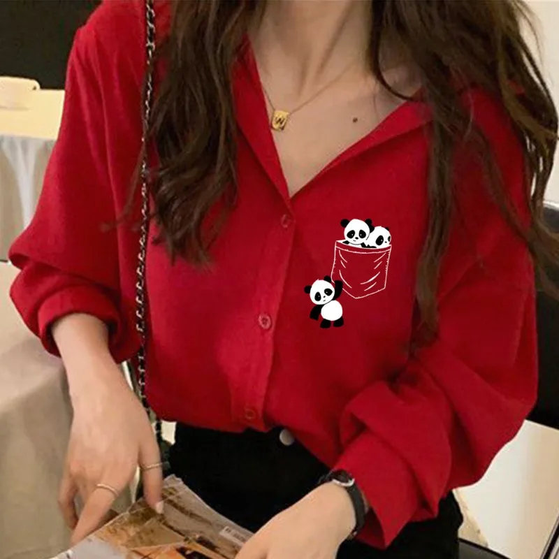 Harbor Wind Retro Spring Summer New Shirts Women Cartoon Printed Polo Neck Loose Solid Button Long Sleeve Casual Chiffon Blouses