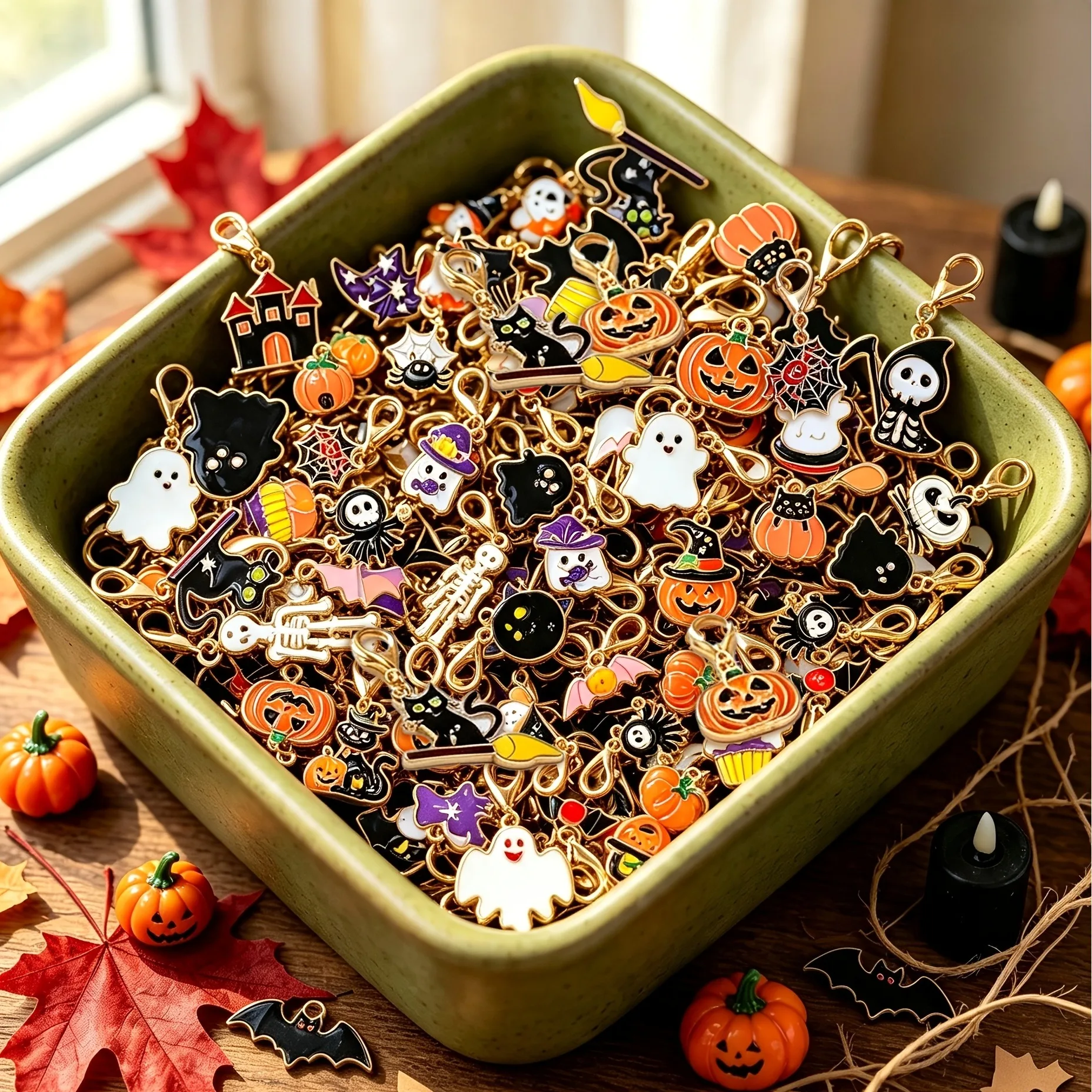 24 Stück zufällige Halloween-Kreativ-Mode-Schlüsselanhänger-Anhänger: Geister, Kürbisse, Fledermäuse, schwarze Katzen, DIY-Zubehör für Taschen, Armbänder und Anhänger. – Detail 7