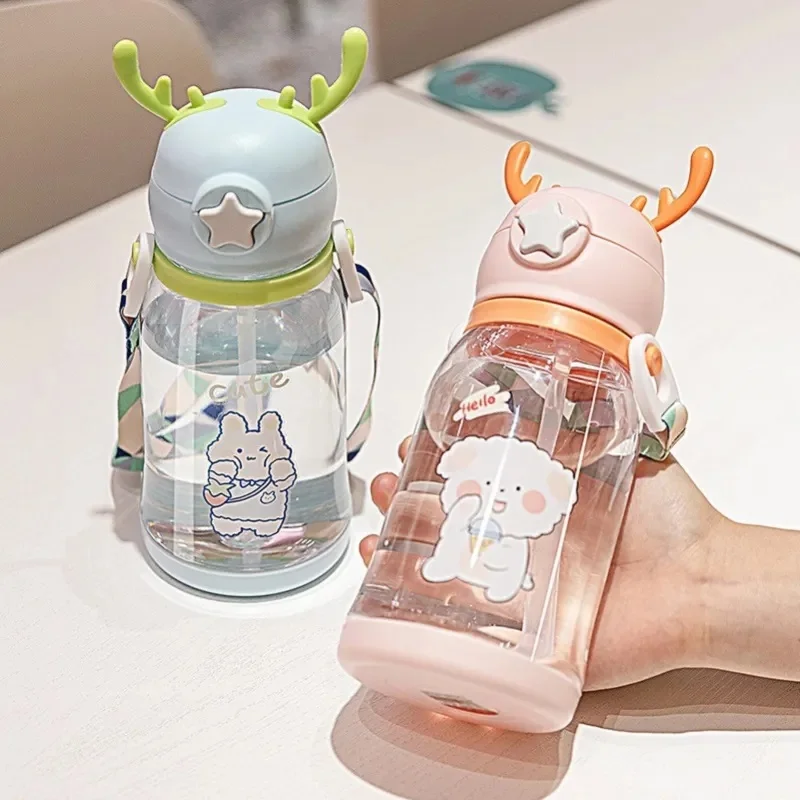 600ML Antler Water Bottle Children Bounce Straw Drinkware Cartoon Cute Travel Sports Outdoor Strap Water Kawaii Cup Waterbottle