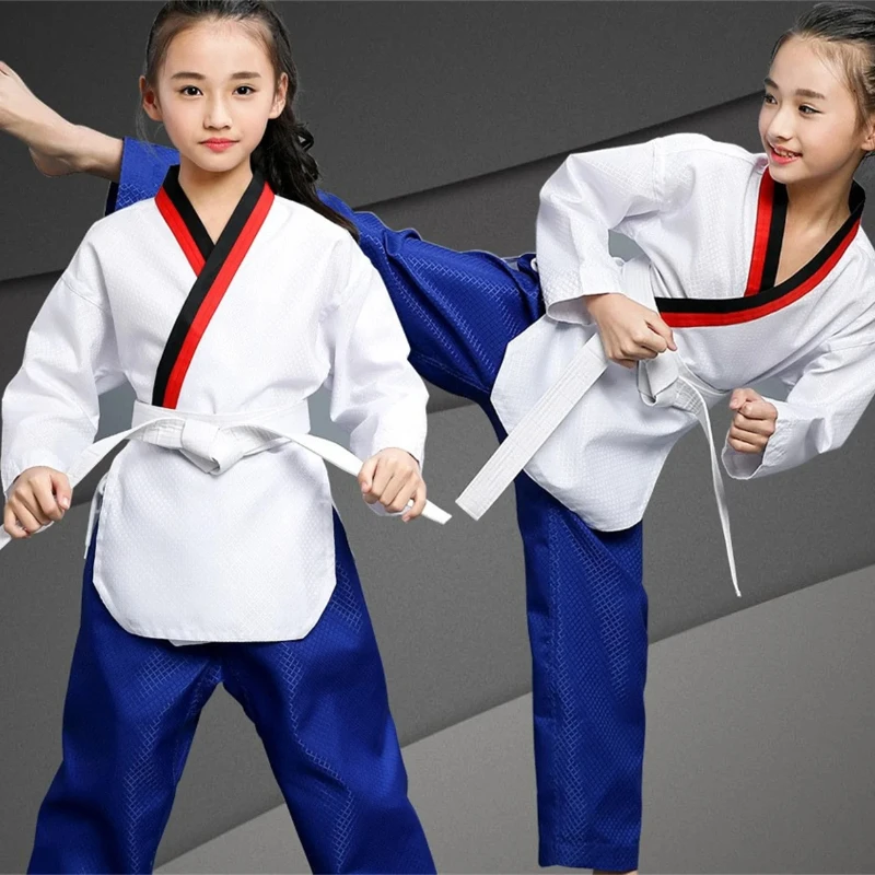 TKD Kostüme Kleidung Weiße Taekwondo Uniformen WTF Karate Judo Dobok Kleidung Kinder Erwachsene Unisex Langarm Gi Uniform