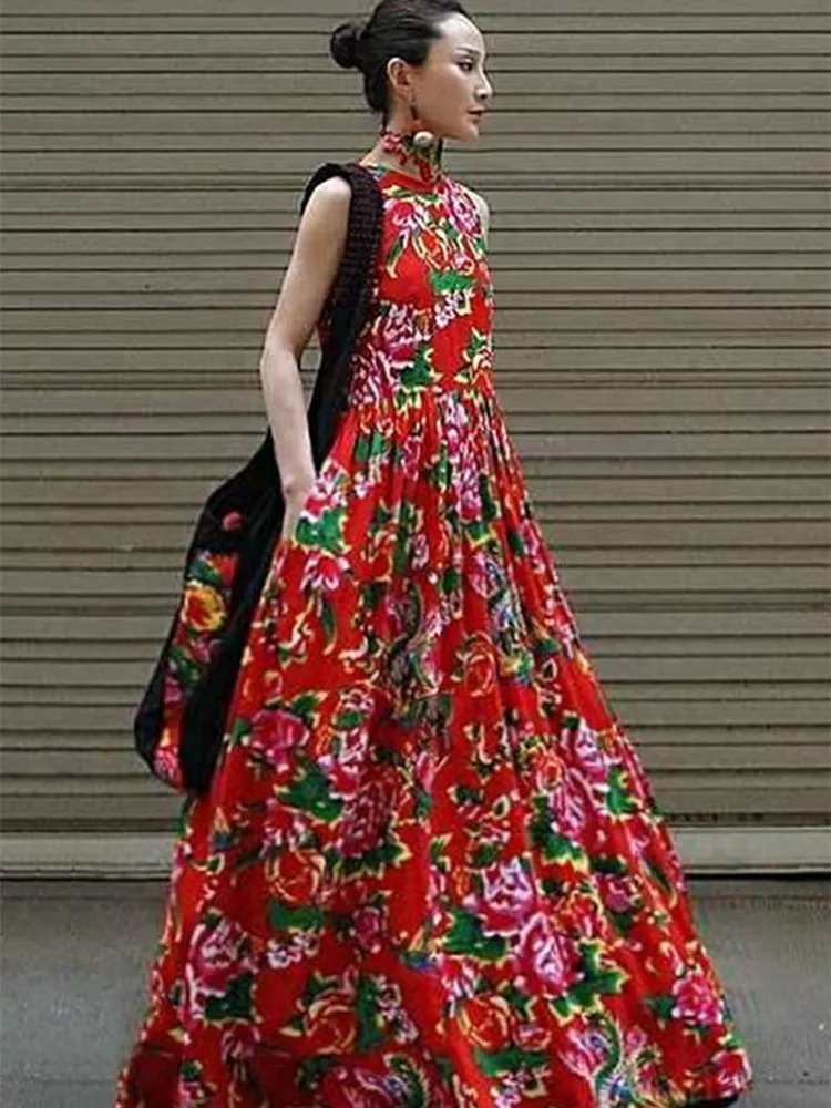 TIYIHAILEY Women Long Maxi Cotton Dress Spring  Summer Sleeveless Printed Red S-3XL New Fashion Ladies Big Hem Custom Made