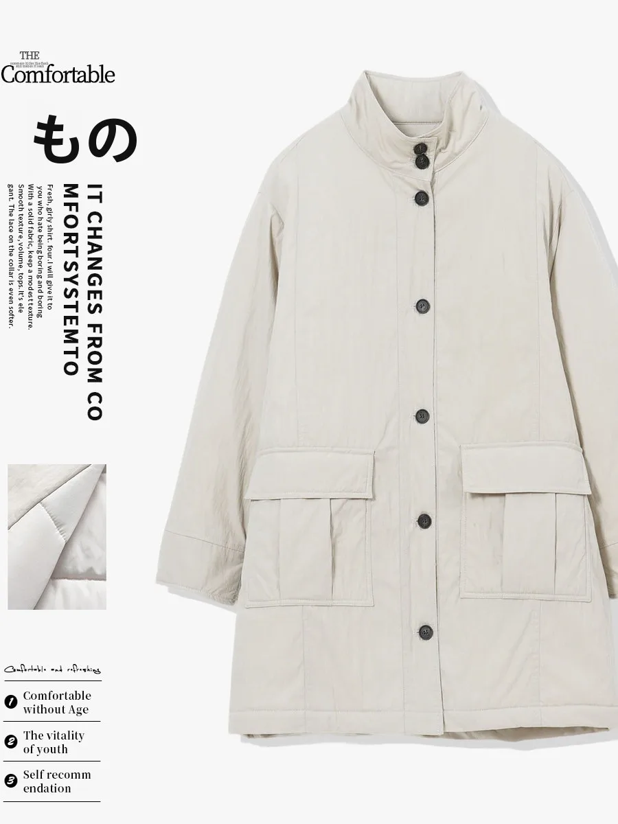 

Zimode Winter Cotton Jacket Mid-Length Stand Collar Lazy American Retro Style Women's Fashion Outerwear with 3D Pockets