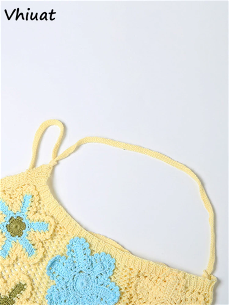 Vhiuat Abito da donna corto con ricamo senza schienale lavorato a maglia all'uncinetto con fiori colorati Abito da vacanza senza maniche con taglio sulla spiaggia