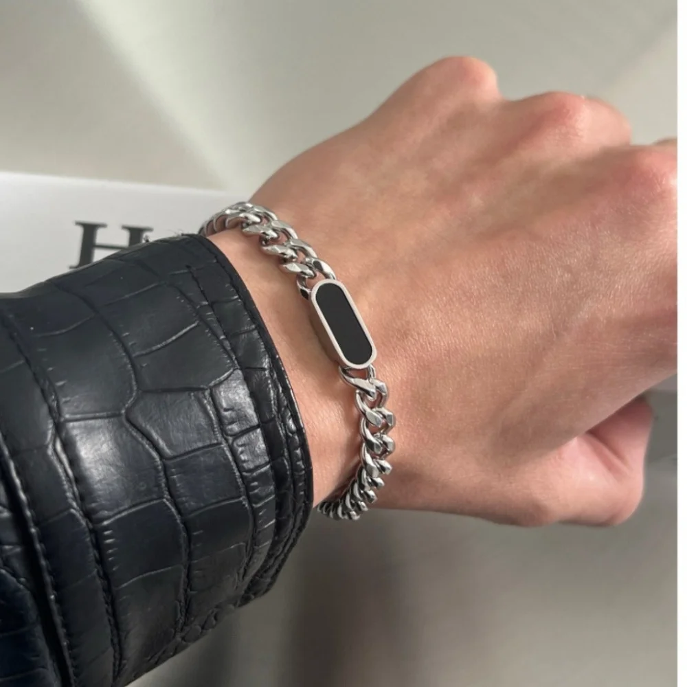 Amerikanisches Hip-Hop Schwarzes Kubanisches Kettenarmband Rund Stahlfarben Retro Edelstahl Herren Damen Modeschmuck – Detail 3