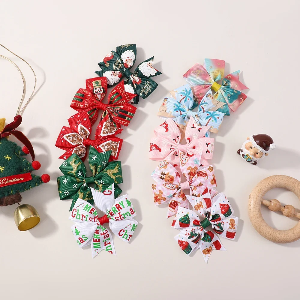 

10pcs Baby Girls Christmas Style Hair Bows Set with Clips Festive 3.22'' Ribbon Holiday Party Hairpins Kids Hair Accessories