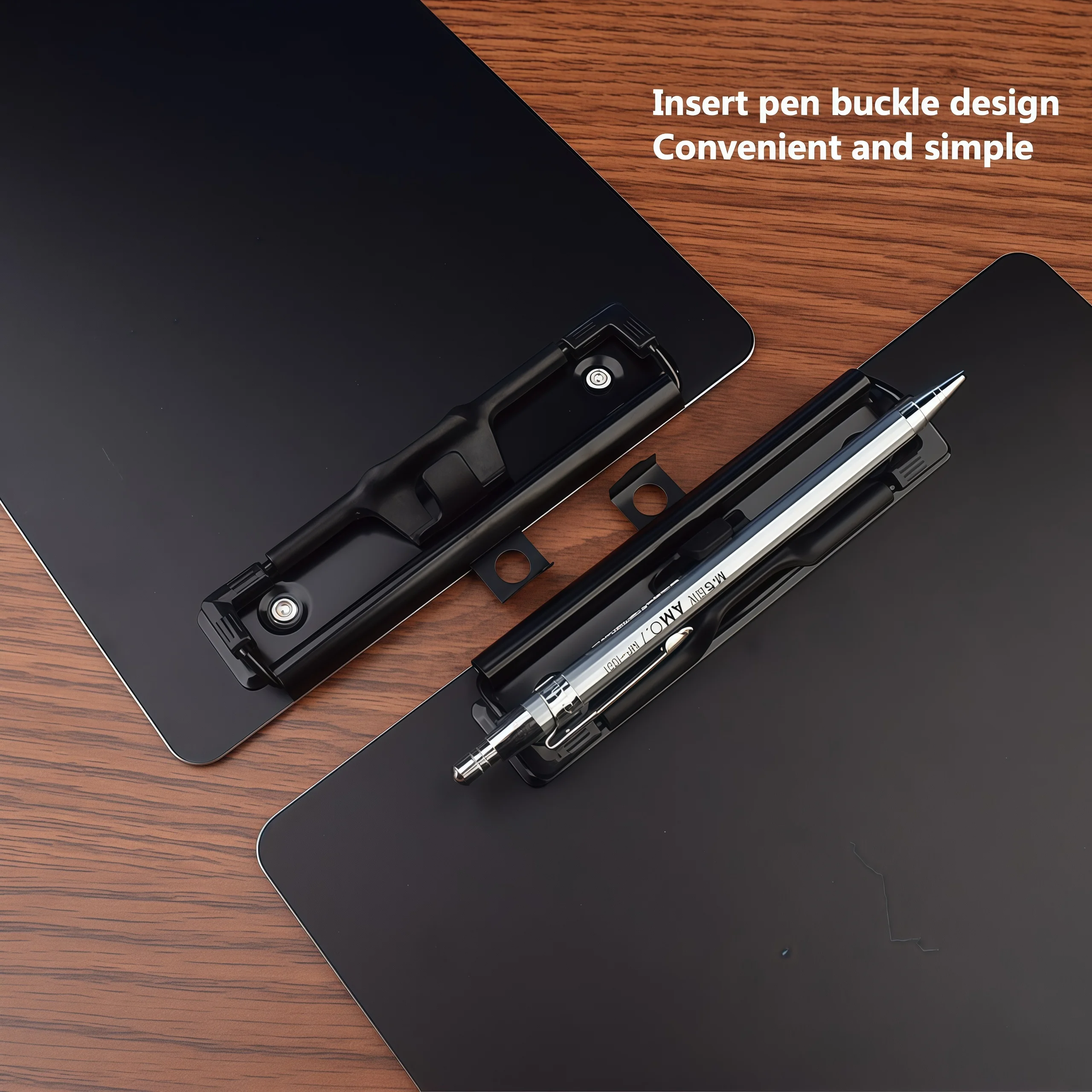 Carpeta de aleación de aluminio negra, disponible en tamaños A4, A5, y A6, con tablero de escritura engrosado y clip para documentos.