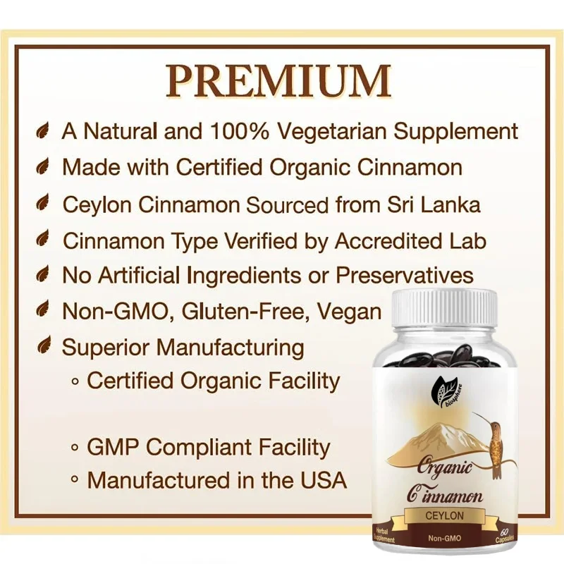 Organic Ceylon Cinnamon, Non GMO Health Supplement, Vegan, Gluten Free, No Additives -60 capsules