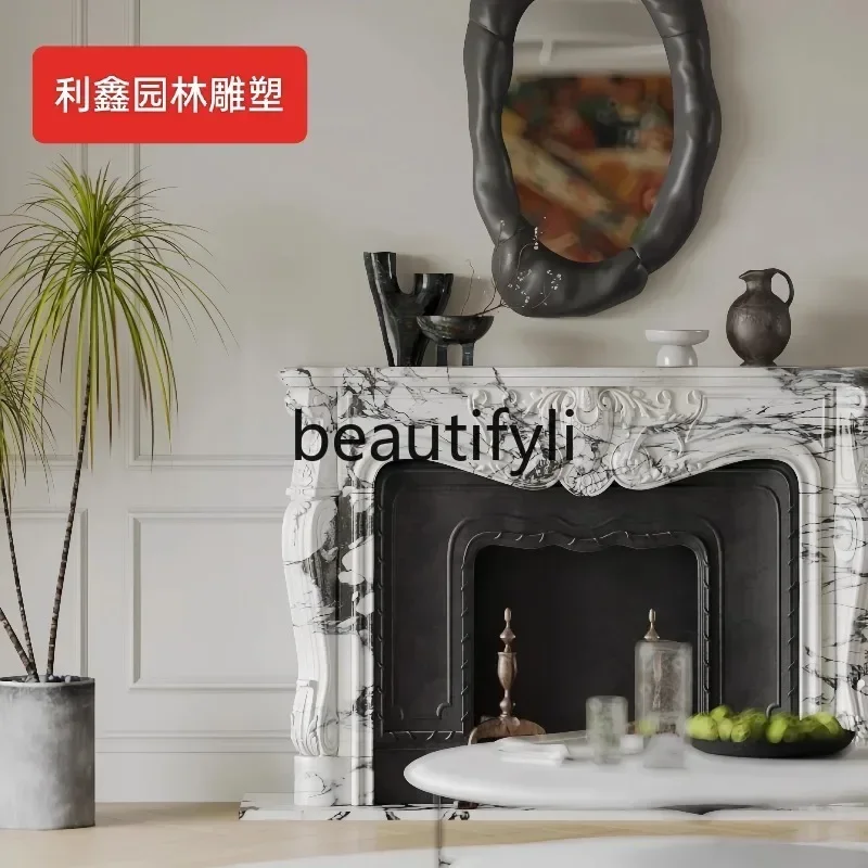 

G Marble natural white flower French carved fireplace living room light luxury ornament customization