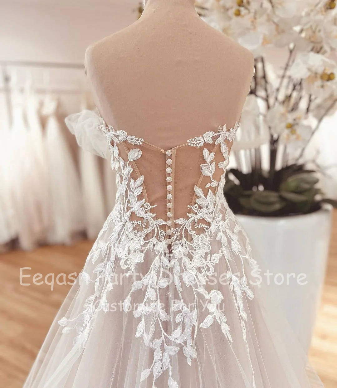 Eeqasn a linha apliques rendas vestidos de casamento boho fora do ombro praia nude tule botões festa de noiva formal vestidos de casamento