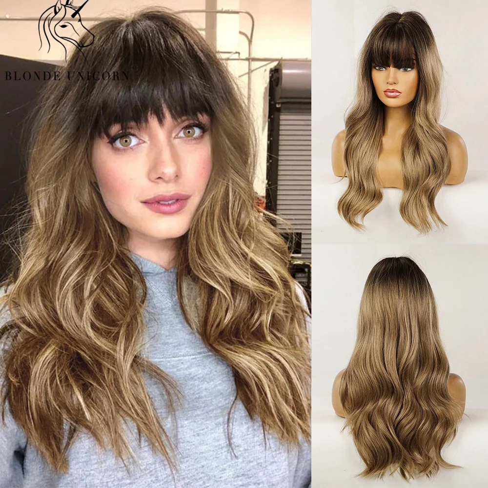 Blonde Eenhoorn Lange Bruine Synthetische Pruik Golvende Pruiken Met Pony Dagelijks Cosplay Party Gebruik Hittebestendige Vezel Haar Pruiken Voor Vrouwen