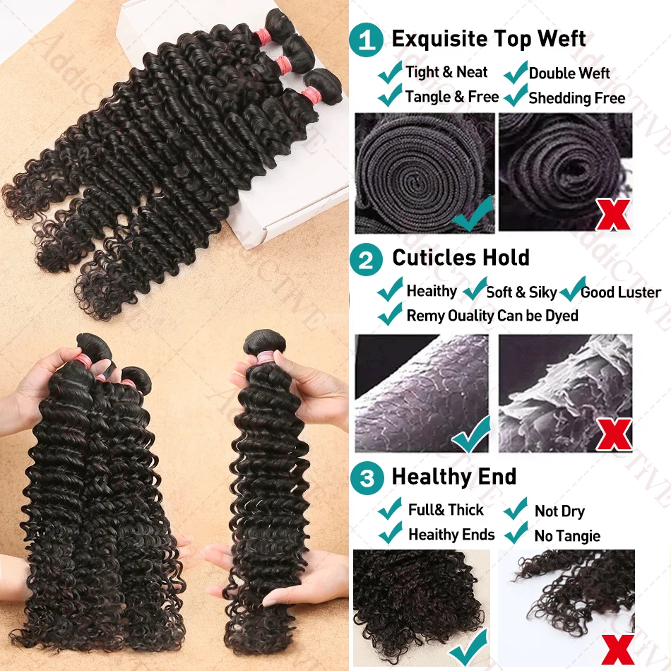 Bundles brésiliens Deep Wave, cheveux humains bouclés, 100% cheveux humains, support non transformés, 14 ", 16", 18 ", 12A