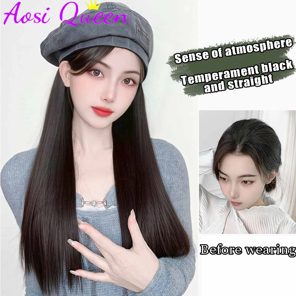 AOSI Hat Wig Fashion Women's 2023 New Denim Beret Long Curly Hair Natural Trend Hat Wig