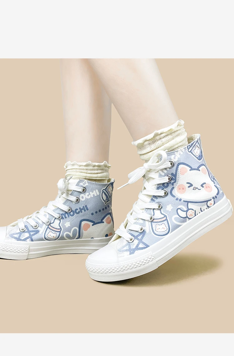 Amy und Michael Niedliche Cartoon-Katzen High-Top Canvas-Schuhe für Damen, Kawaii Weiße Schnürschuhe, Lässige Sneakers für Teenager-Mädchen, High-Top-Schuhe – Detail 8