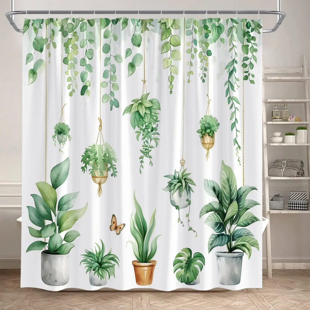 

Зеленые растения, занавески для душа, акварельные листья лозы, бабочки, горшечные растения, современная полиэфирная ткань, домашний декор для занавесок для ванной комнаты