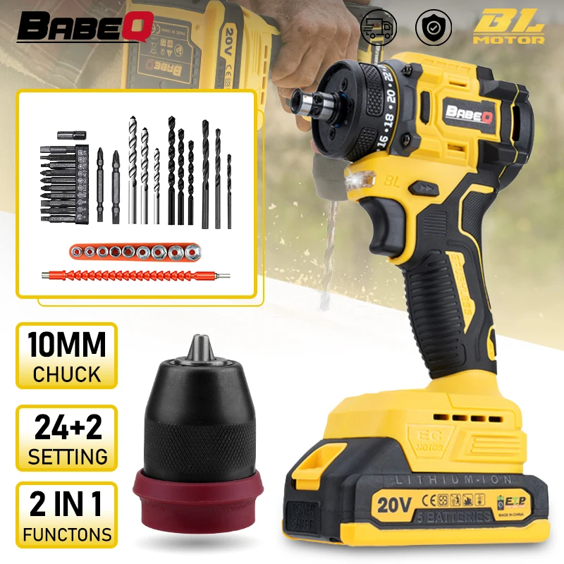 

BABEQ 10MM Brushless Electric Screwdriver 24+2 Torque 45N.m Cordless Electric Drill Set Power Tools for Makita 18v Battery