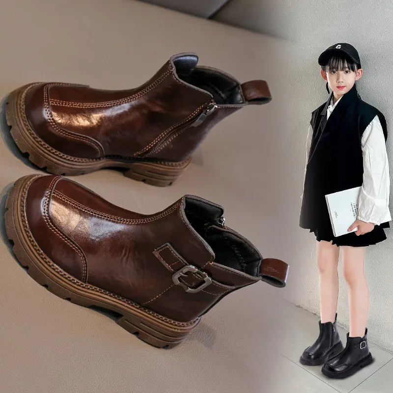 

Кожаные детские полусапожки принцессы, зима 2021, нескользящие ботильоны с мягкой подошвой для мальчиков и девочек, бархатная теплая детская обувь