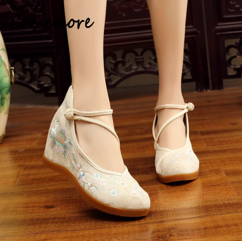 Comemore Chinese Embroidered Flowers Shoes Wedge Heels Women High Top Hidden Heel Platform Ankle Strap Ladies Casual Canvas Shoe