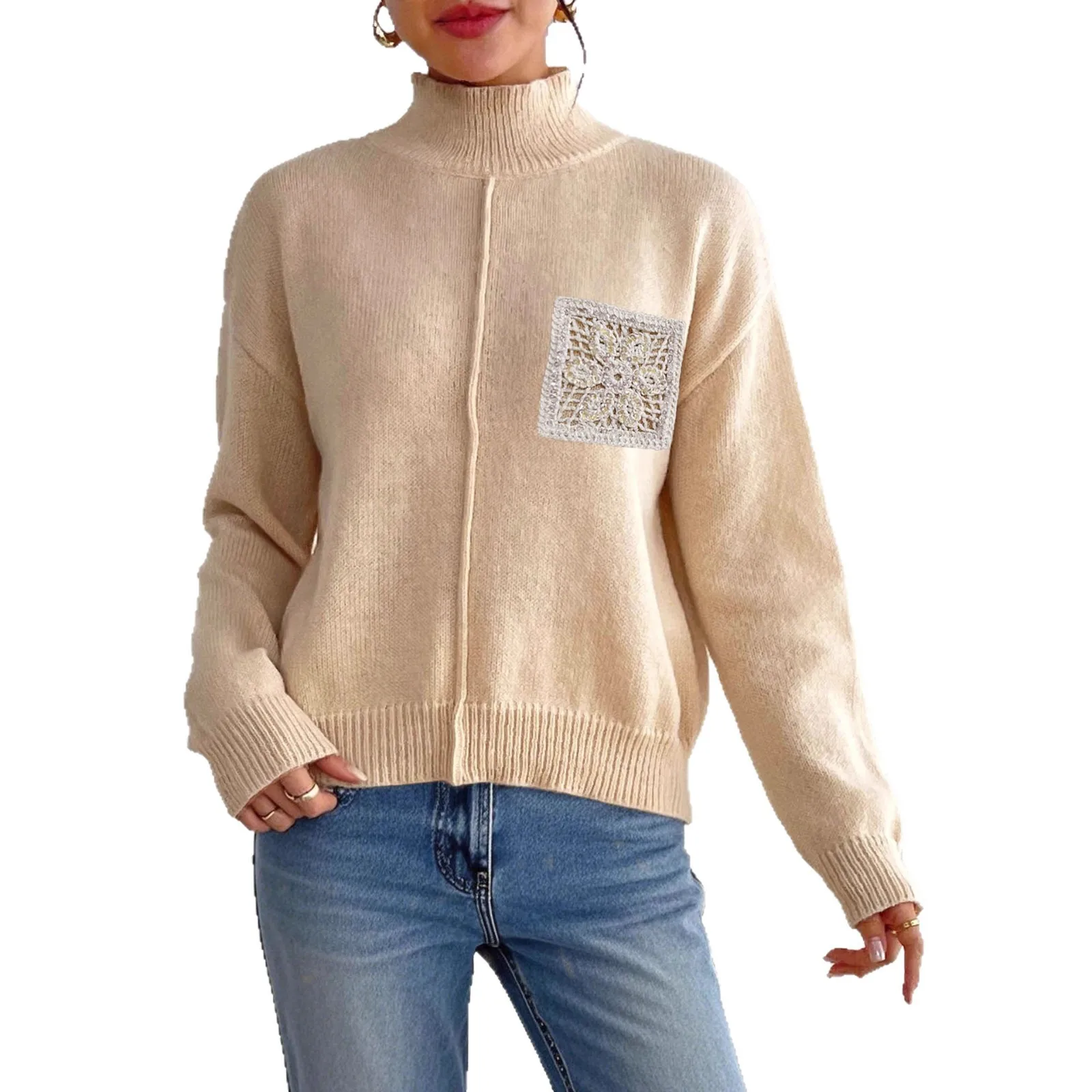 Otoño Invierno prendas de punto para mujer nuevo Color puro ved suéter de cuello alto lentejuelas hueco ket empalme suéter Street Sle L...