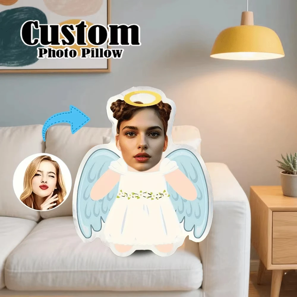 Custom Angel Plush Pillow, Personalized Photo Cushion, Soft Plush Fabric, Birthday Christmas Anniversary Gift