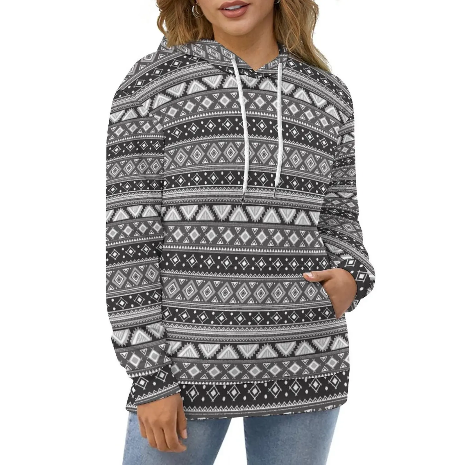 

Gray Tribal Print Hoodies Long Sleeve Vintage Ethnic Aesthetic Casual Hoodie Winter Fashion Oversized Pattern Loose Sweatshirts