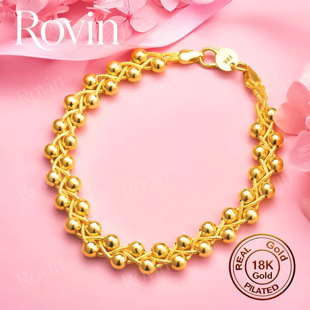 18K Gold 8-Inch Exquisite Twisted Rope and Bead Bracelet – Stylish and Charming Wedding Jewelry for Women