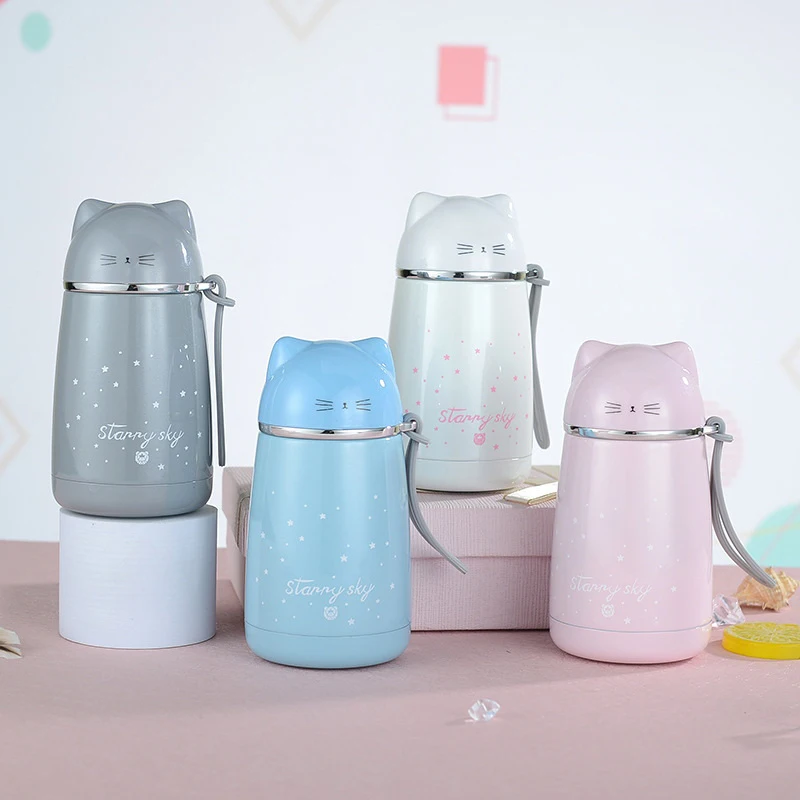 

350ml Insulated Thermos Bottles Cute Cat Mini Leakproof Coffee Mug 304 Stainless Steel Cute Double-layer Couple Water Cup