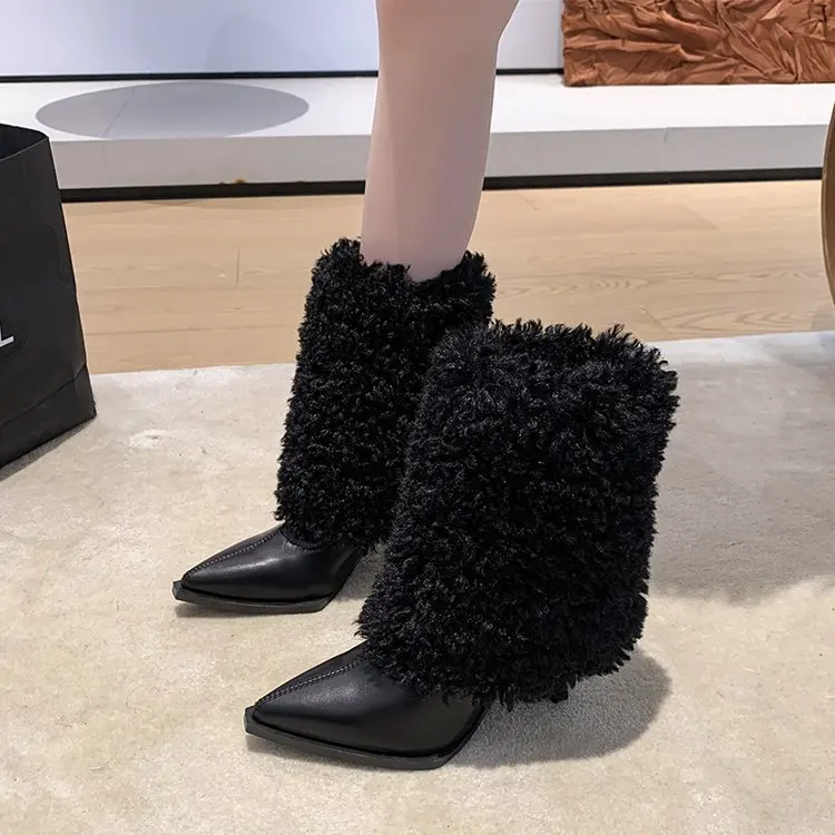 

Ботинки Faion с острым носком, женские теплые ботинки с мехом ягненка, осень-зима, новые тонкие ботинки на высоком каблуке, корейский слей
