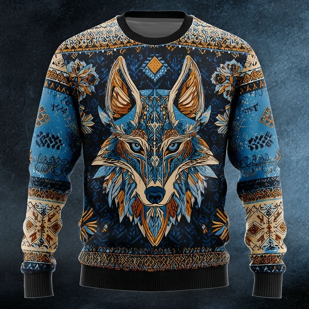 Men's Animal Wolf Pullover Sweater Jumper Knitwear Crewneck Retro Vintage Casual Daily 3D Print Warm Long Sleeve Man Sweatshirts