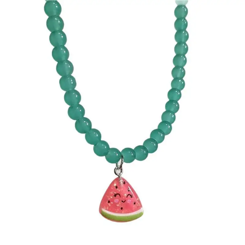 Bonbonfarbener Herzanhänger Blau-Grüne Glasperlen Kontrast-Design Halskette Mädchen Sommer Mode Damenschmuck Accessoires – Detail 7