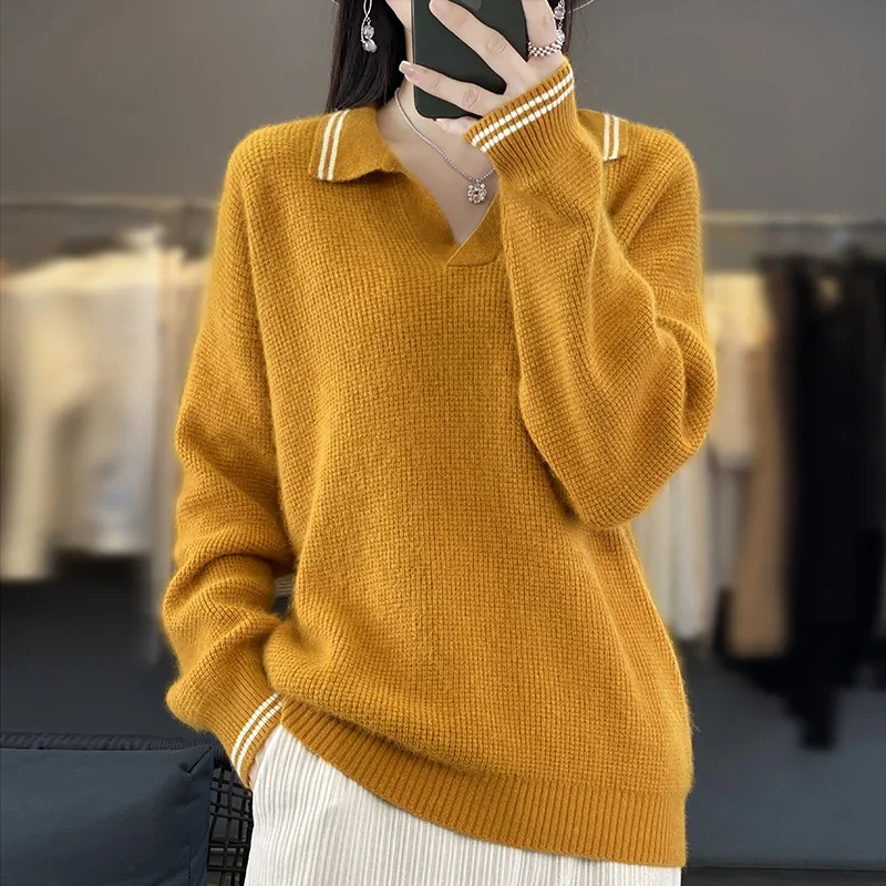 Autumn Winter Turn-down Collar Knitted 100% Wool Sweater Women Fashion Casual Long Sleeve Tops Striped Warm Female Pullover Pull