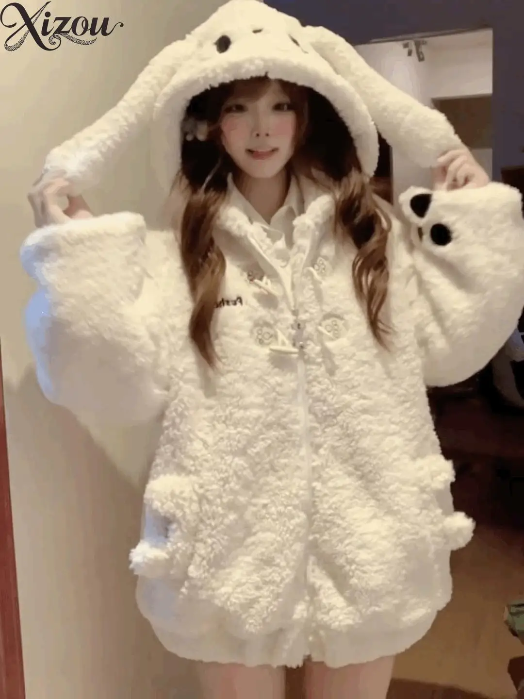 Dulce Y2K Kawaii mujer conejo oreja con capucha abrigo invierno otoño lana imitación piel de oveja polar cálido botón bolsillo suelto japonés