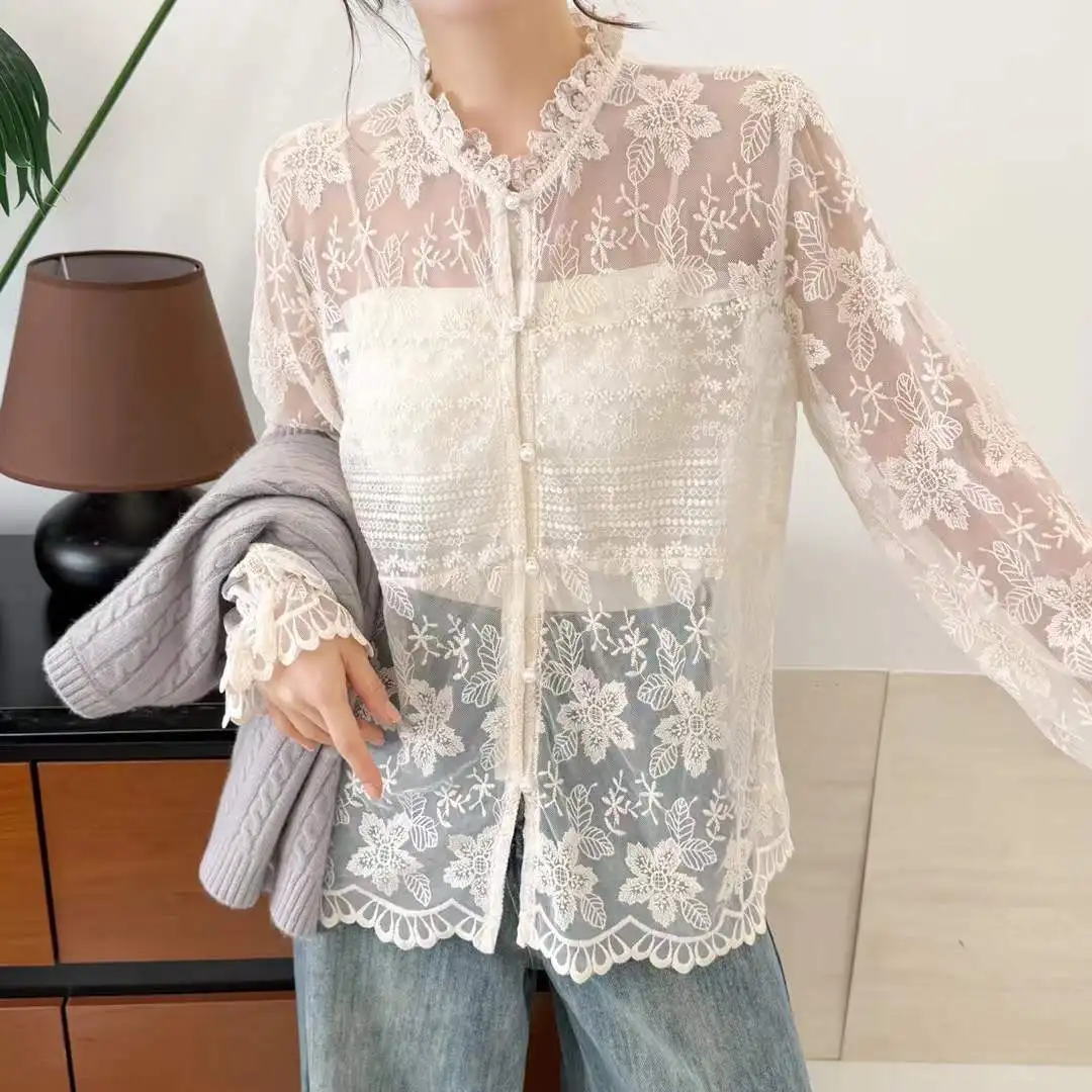 Novo 2025 inverno algodão camisa de manga longa, feminino suporte renda pérola botão, mori menina francês chique ins blusa pura solta t5n922cc
