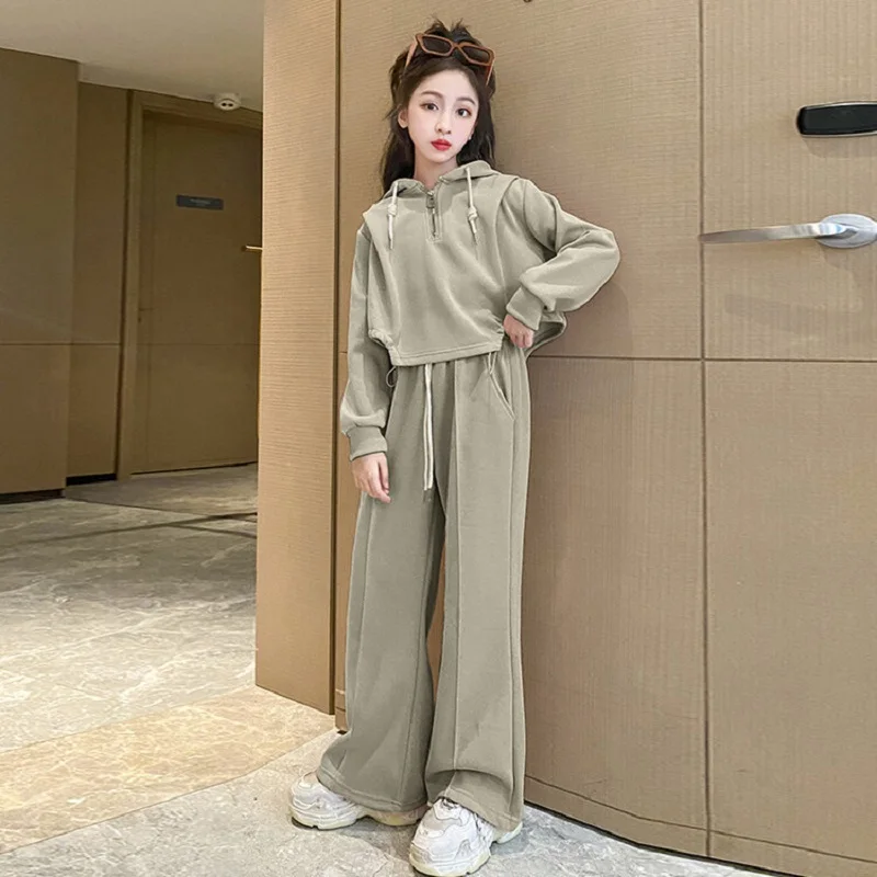 2026 Spring Autumn Girls Plain Drawstring Half Zip Crop Sweatshirt Jacket+Pant School Kids Tracksuit Child Outfit Workout Set